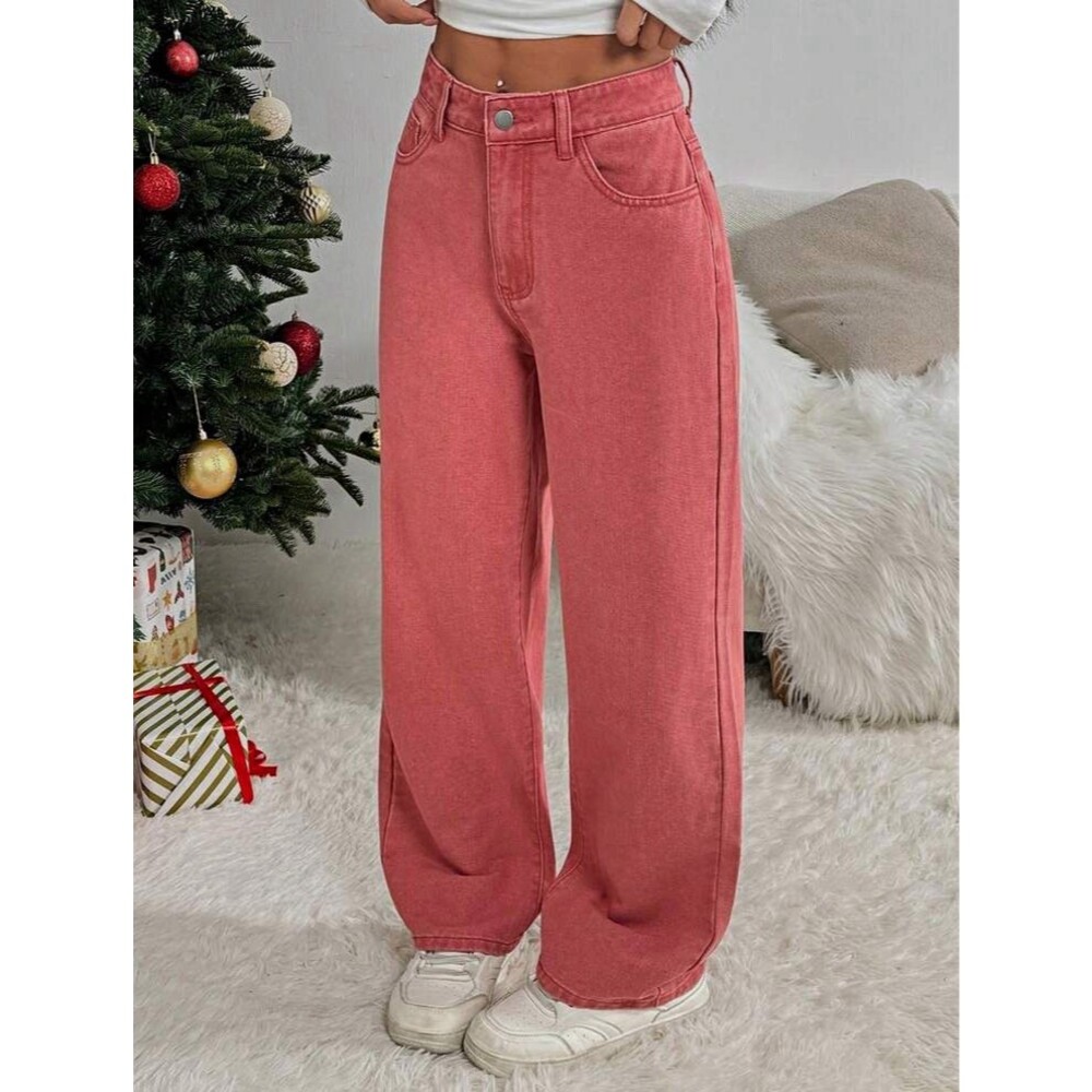 SHEIN Women’s Pink Medium Wash High-Rise Wide-Leg Denim Jeans 5-Pocket Large